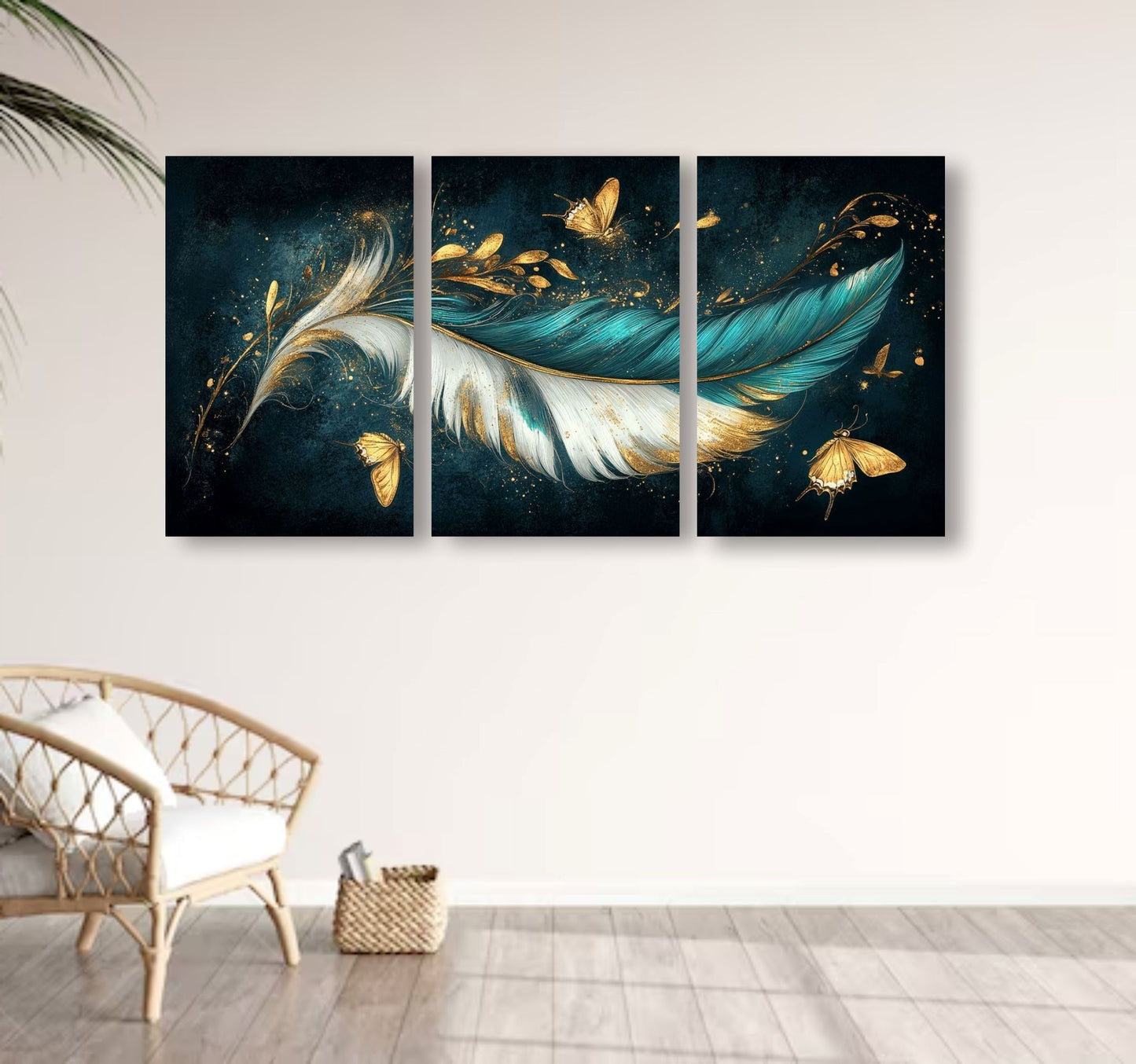 SmarterCartly™ Luxury 3-Piece Canvas Wall Art – Aesthetic Golden Feather & Butterfly Panel Painting for Home Decor