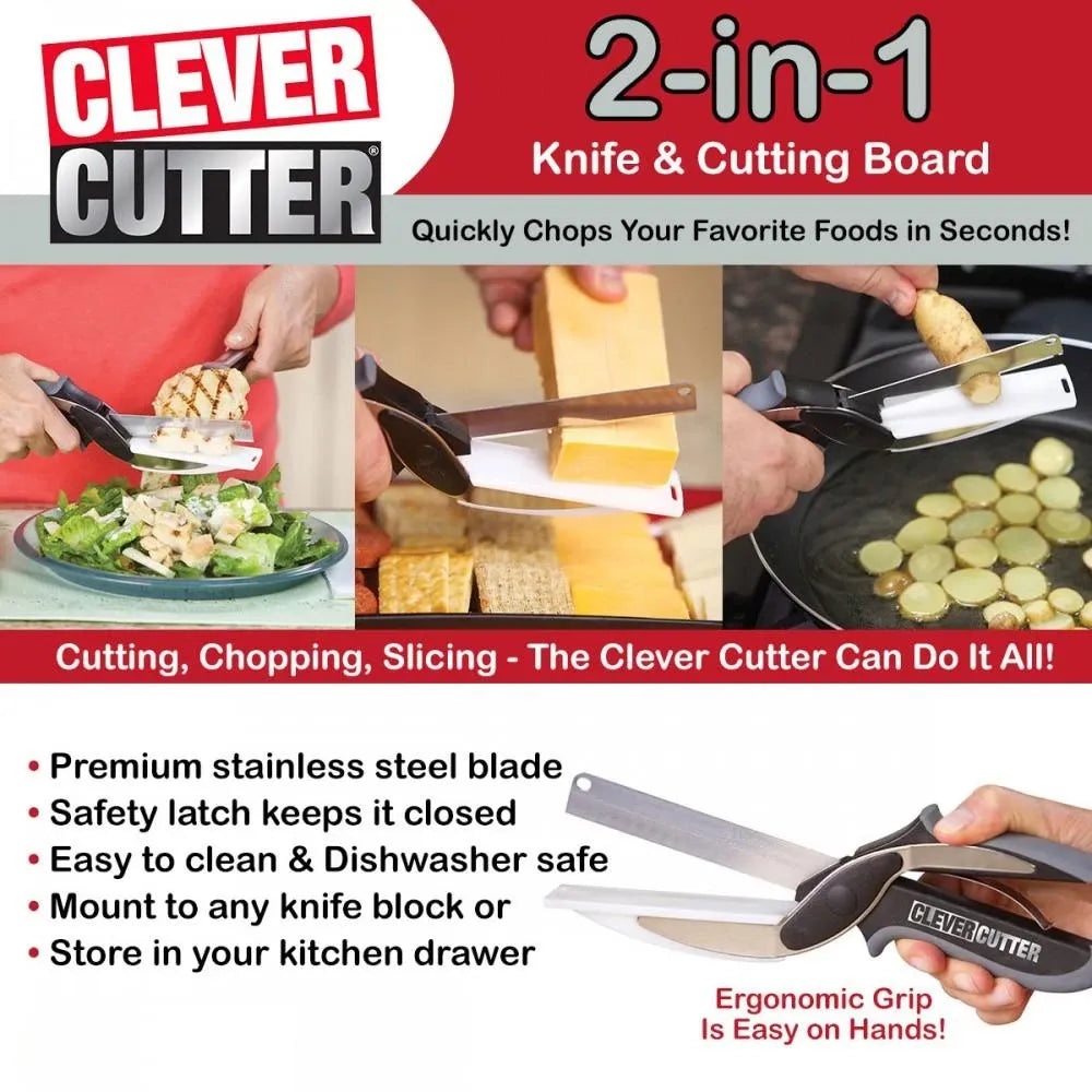 SmarterCartly™ 2-in-1 Clever Cutter – Stainless Steel Kitchen Knife & Cutting Board Scissors for Instant Chopping