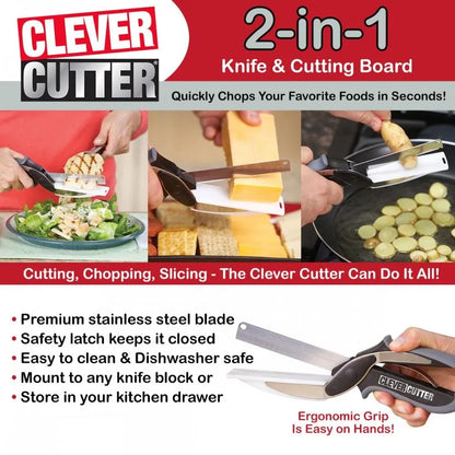 SmarterCartly™ 2-in-1 Clever Cutter – Stainless Steel Kitchen Knife & Cutting Board Scissors for Instant Chopping