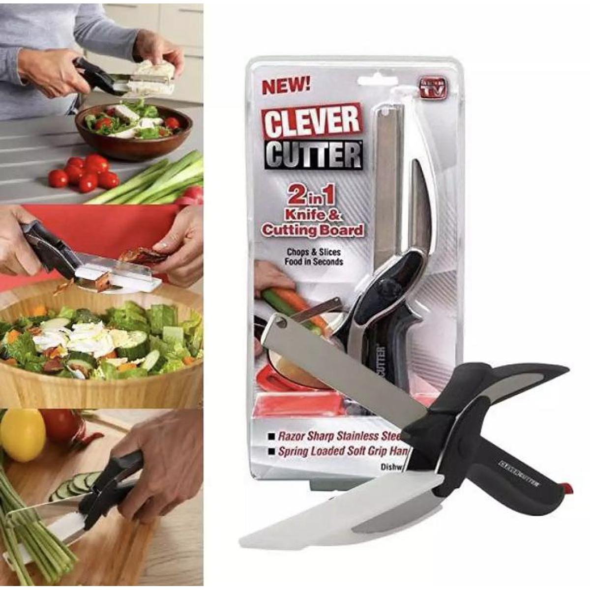 SmarterCartly™ 2-in-1 Clever Cutter – Stainless Steel Kitchen Knife & Cutting Board Scissors for Instant Chopping