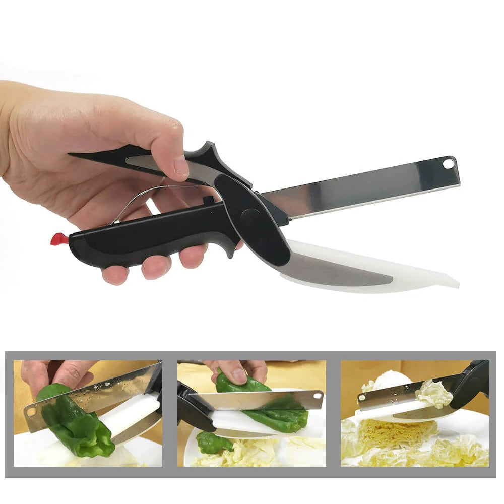 SmarterCartly™ 2-in-1 Clever Cutter – Stainless Steel Kitchen Knife & Cutting Board Scissors for Instant Chopping