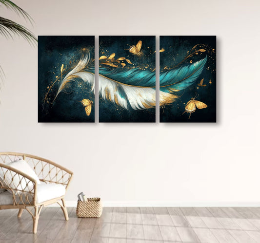 SmarterCartly™ Luxury 3-Piece Canvas Wall Art – Aesthetic Golden Feather & Butterfly Panel Painting for Home Decor